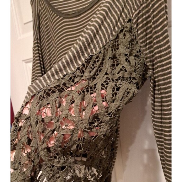 Free People Olive & Tan Striped Long Sleeve with Knit/ Crochet Sides Size Medium - Picture 3 of 8